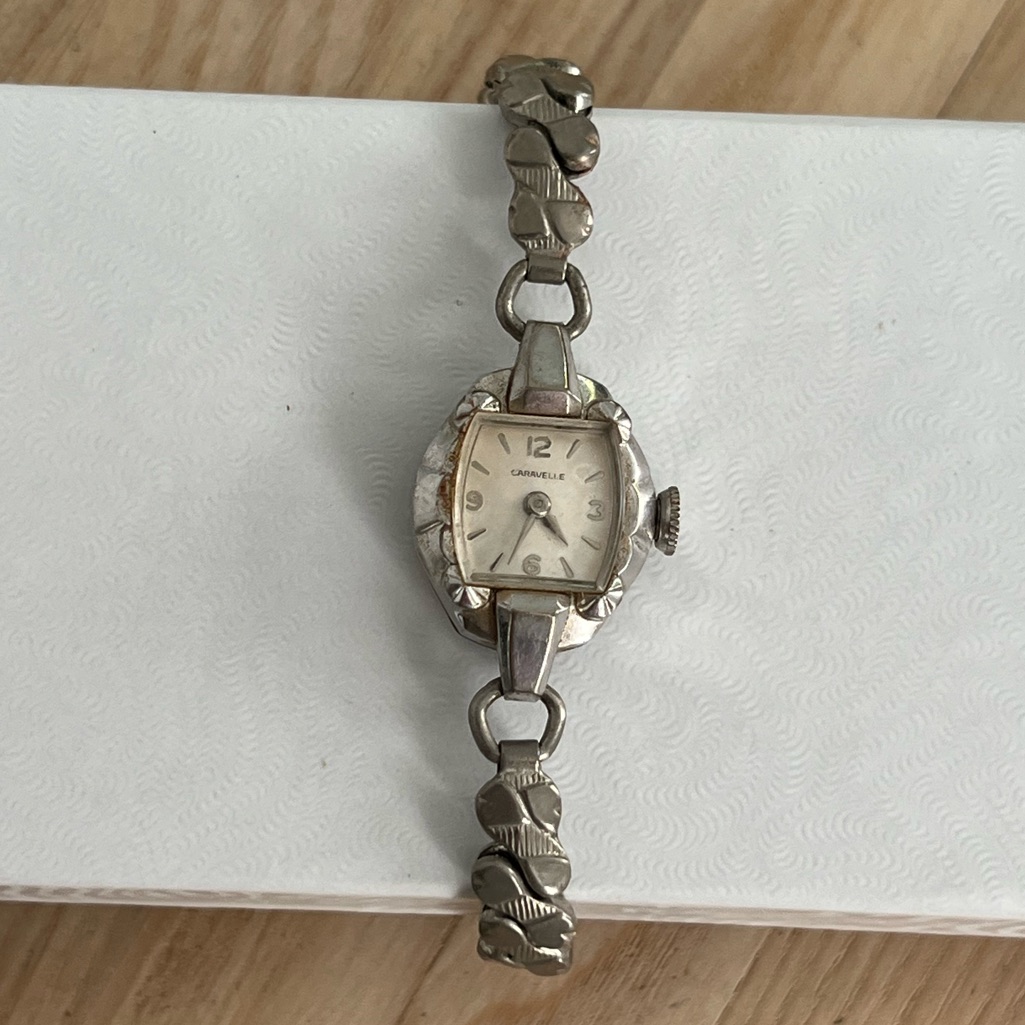 Caravelle Ladies Watch Vintage White Gold Filled Stretch Bracelet Mechanical